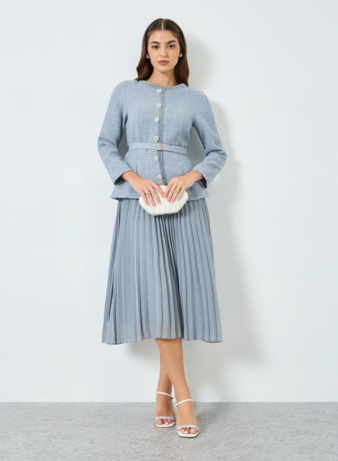 Styli Women Blue Tweed Midi Dress with Belt - Image 5